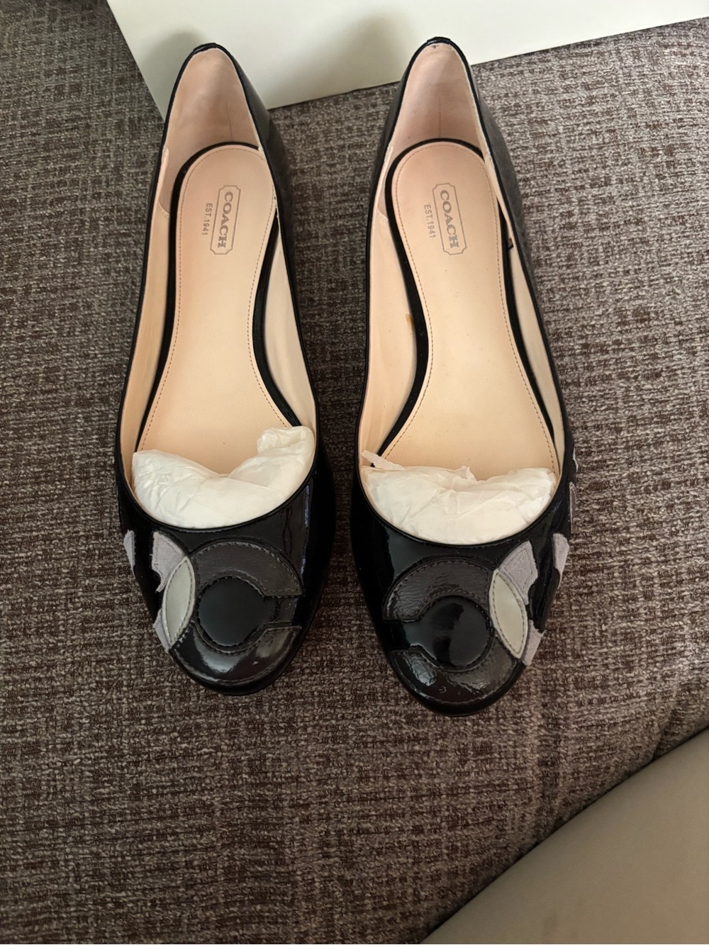 Coach Black Patent Leather Ballet Flats with Grey & Cream Logo Appliqué